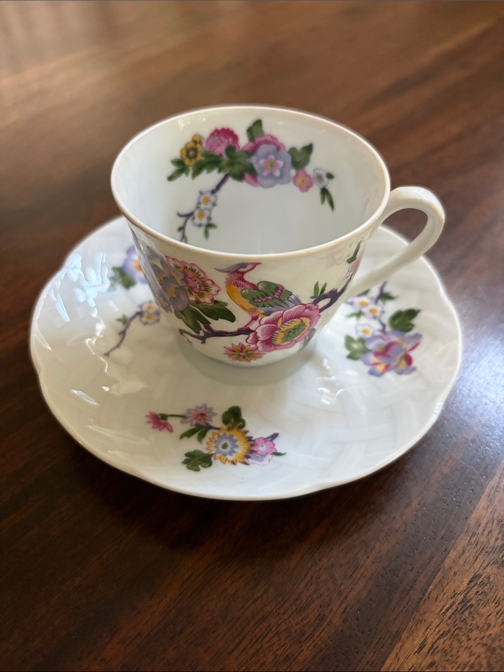 Floral Porcelain Teacup and Saucer - Pink & Green Floral Pattern